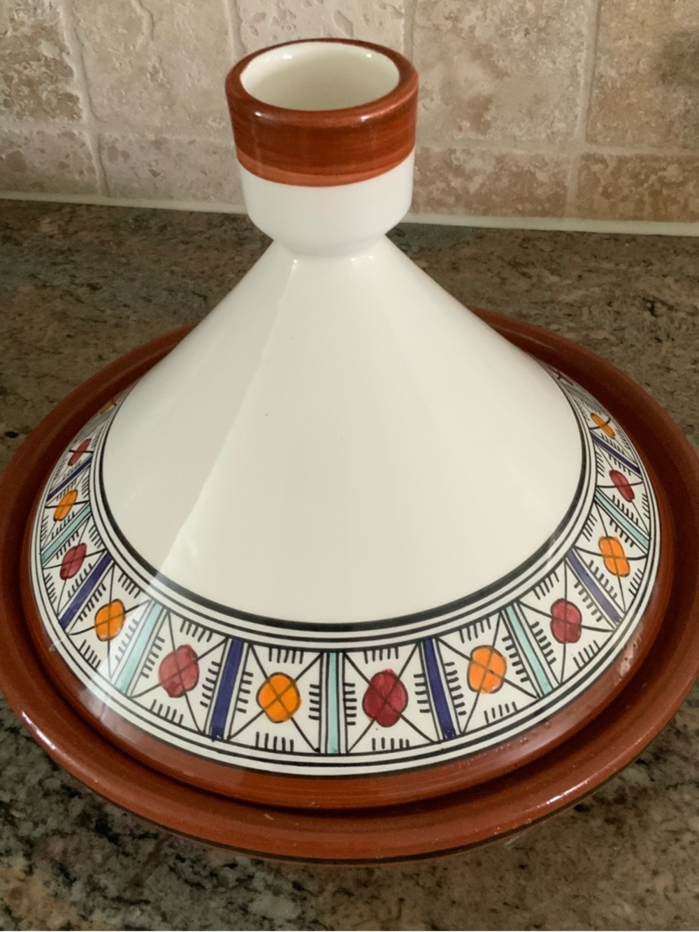Hand-Painted Tagine with Colorful Geometric Band